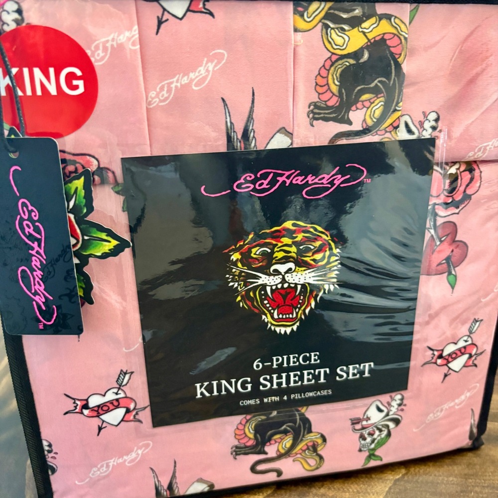 Ed Hardy King Sheet Set 6 Piece Pink‎ Tattoo Print New Y2K